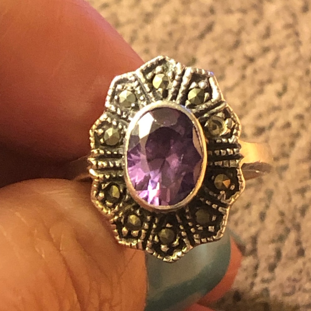 STERLING SILVER, amethyst and marcasite ring!
